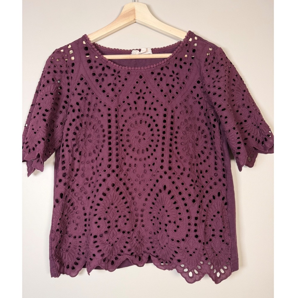 Porridge‎ Clothing Women Medium Purple burgundy Eyelet Scalloped Sleeve Boho Top